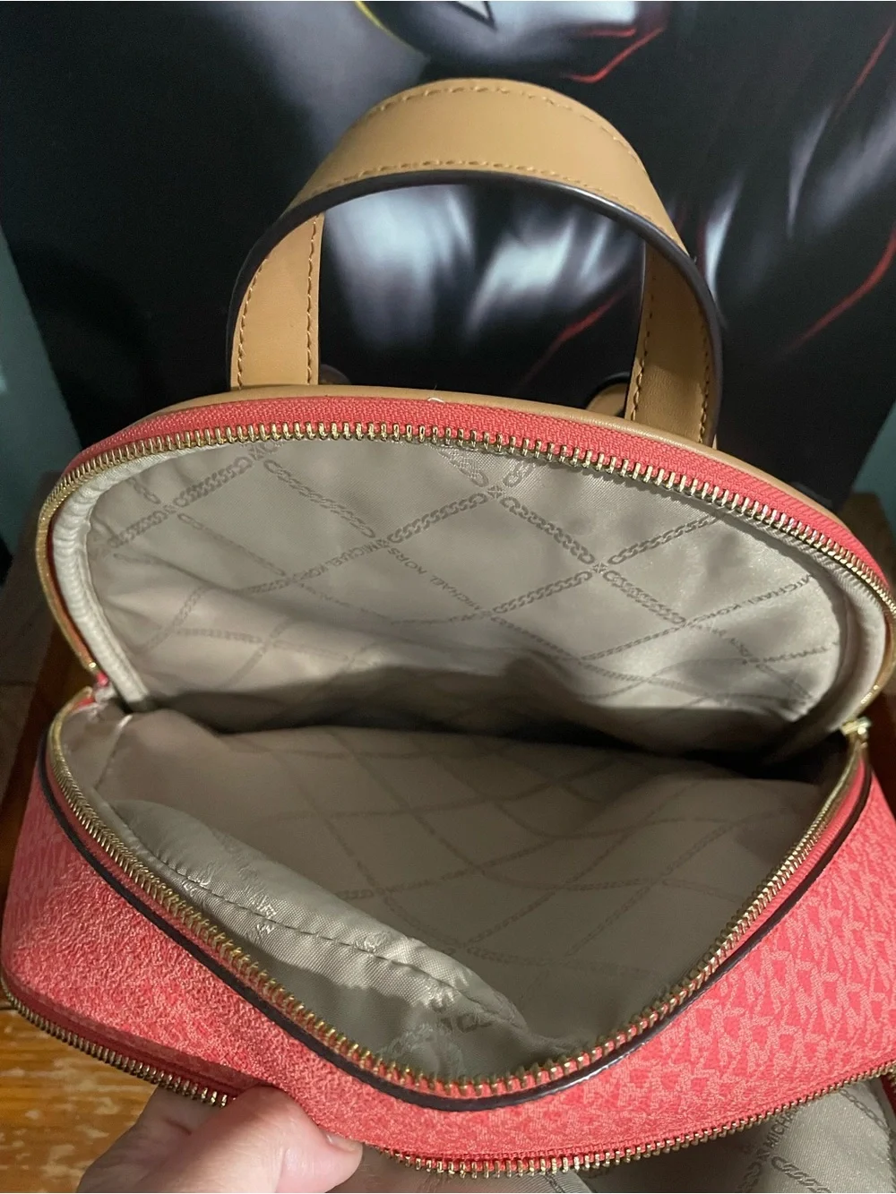 Michael Kors Cream, Red and Brown Signature Logo Backpack
